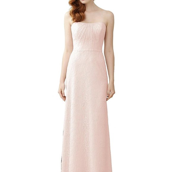 New Blush Baby Pink Rose Gold Lace Dress, Elegant Bridesmaid Formal Strapless - Picture 5 of 15